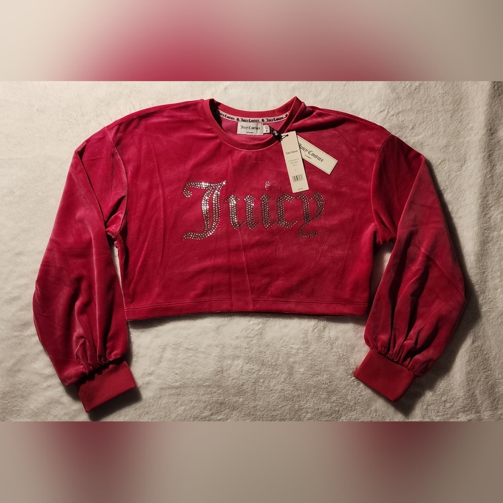 Juicy Couture Free Love Pink Bling Balloon Arm Velour Crop Top Sweatshirt